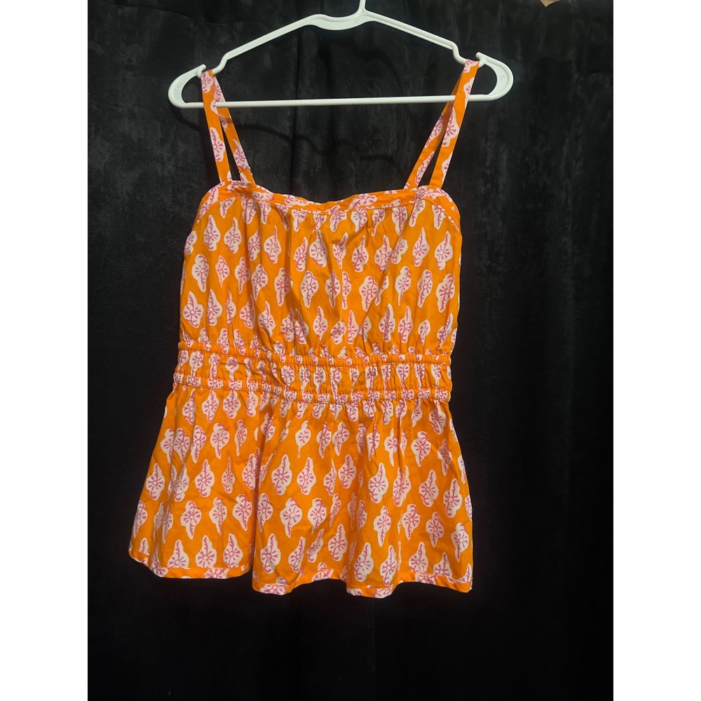 J.Crew Women Orange Pink Block Print Smocked Waist Camisole Peplum Top Size 8